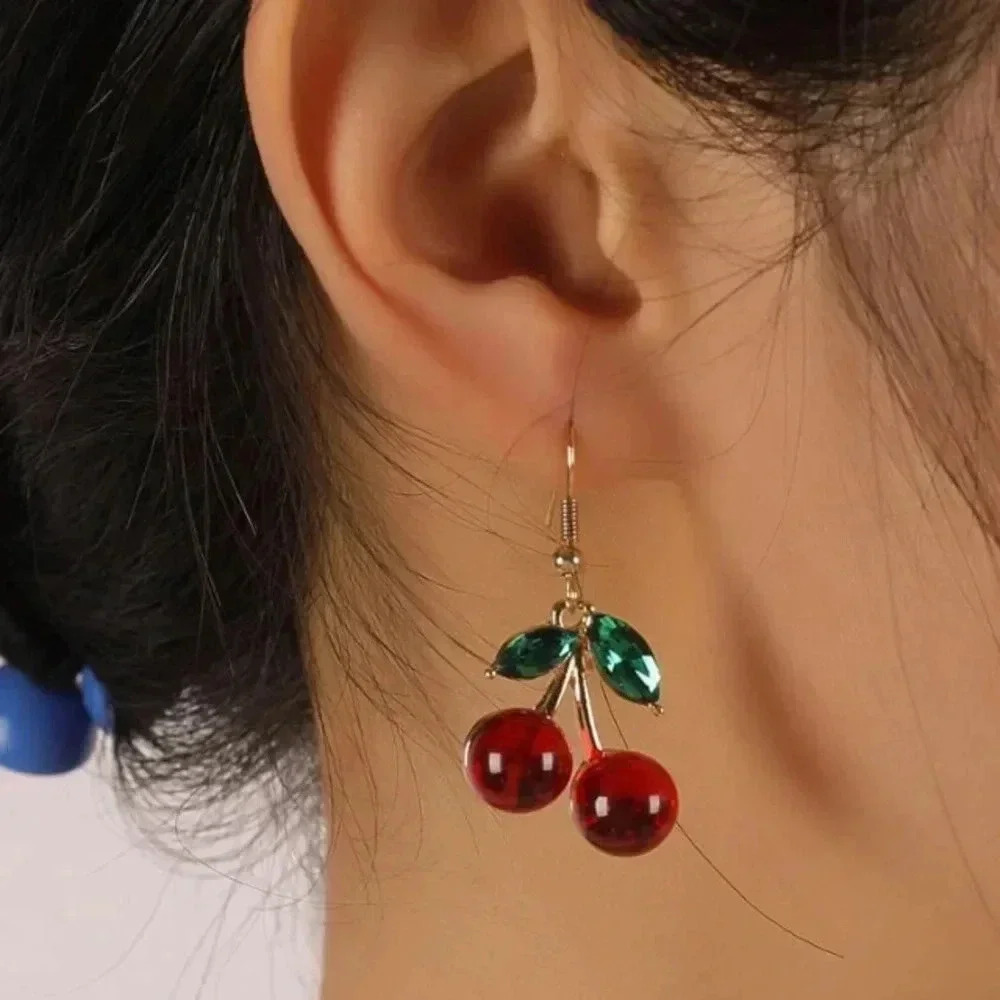 Red cherries green leaf dangle drop earrings date night spring summer Christmas